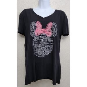 Disney Black Pink Silhouette of Minnie Mouse Head Graphic Print Shirt XL V Neck